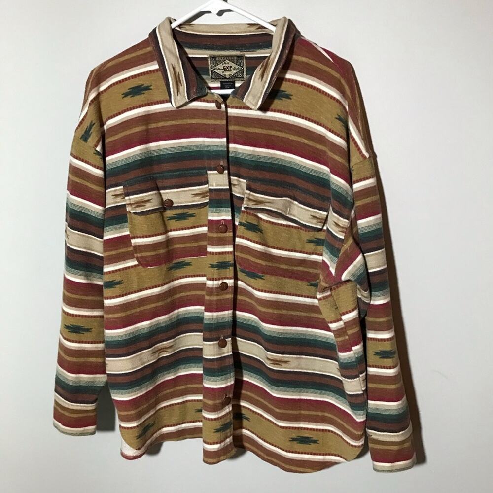 VTG express mens M cotton Aztec print button up shirt leather buttons western